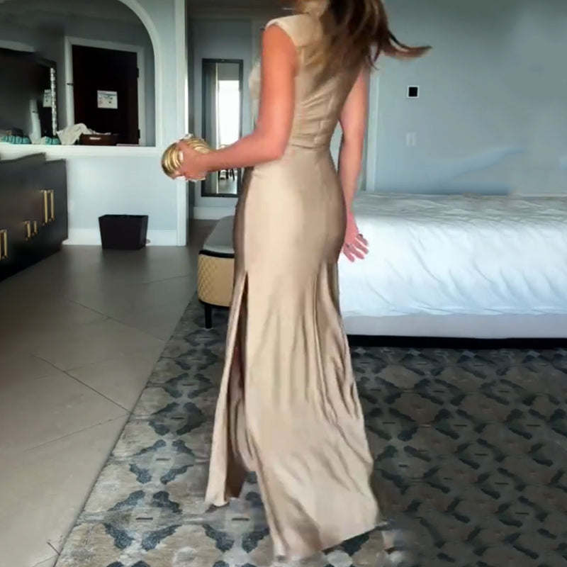 Genis Hollow Elastic Bust High Neck Sleeveless Gathered Maxi Dress