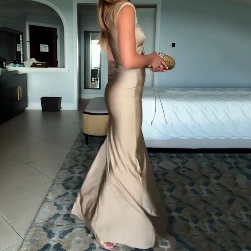 Genis Hollow Elastic Bust High Neck Sleeveless Gathered Maxi Dress