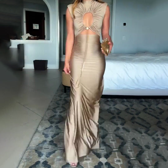 Genis Hollow Elastic Bust High Neck Sleeveless Gathered Maxi Dress