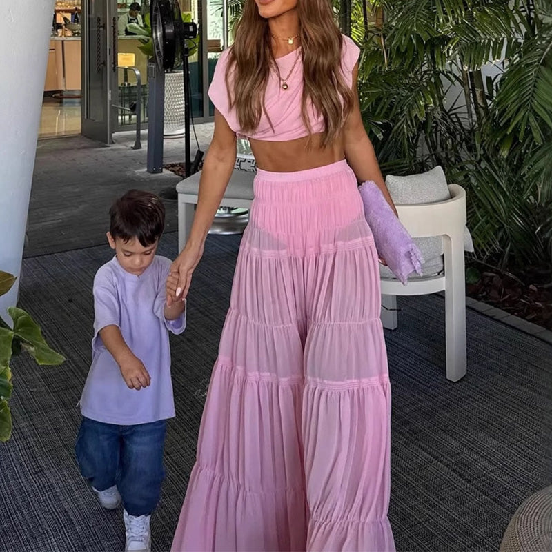 Ohromující šifonový top s nabíranými rameny & Vrstvená maxi sukně áčkového střihu s elastickým pasem