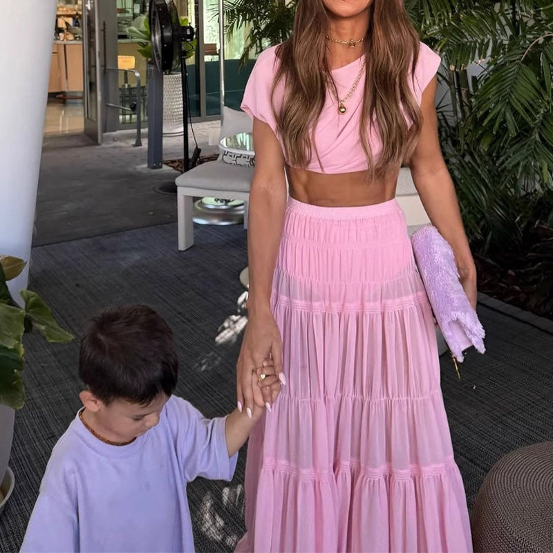 Ohromující šifonový top s nabíranými rameny & Vrstvená maxi sukně áčkového střihu s elastickým pasem