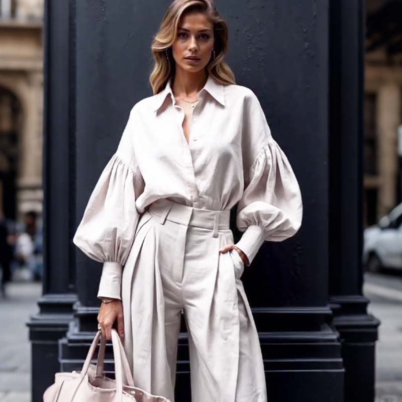 Jednobarevná souprava volné košile s dlouhým rukávem a širokých kalhot s klopou