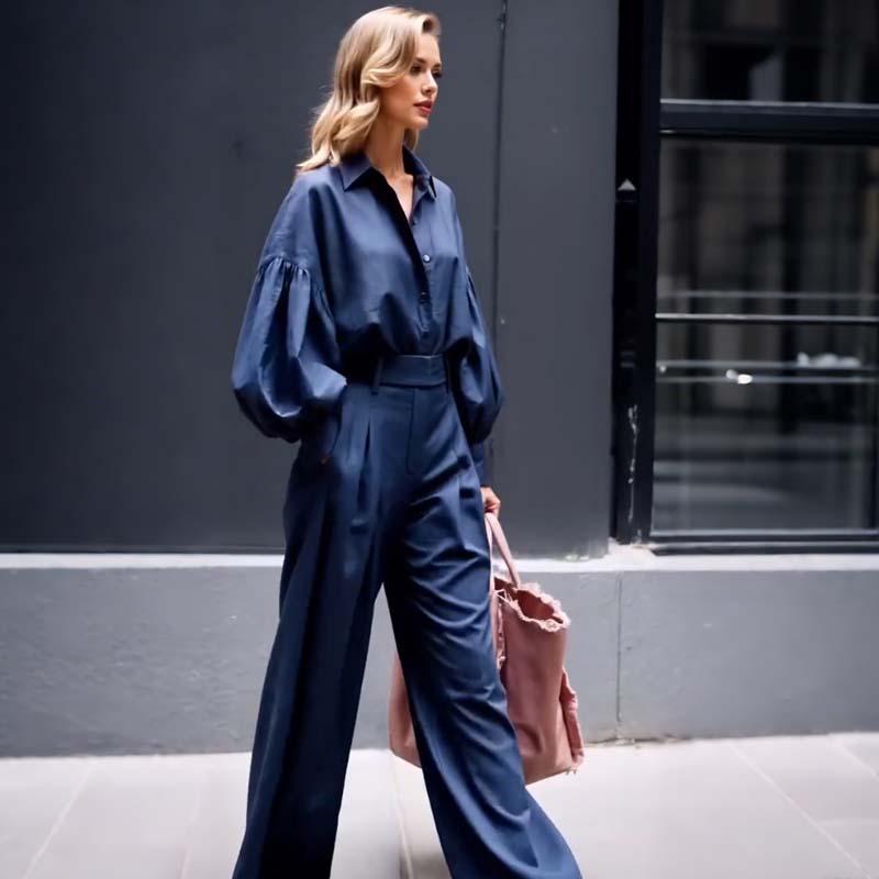 Jednobarevná souprava volné košile s dlouhým rukávem a širokých kalhot s klopou