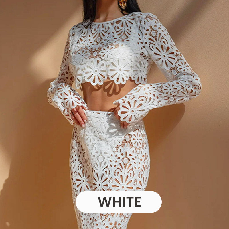 Balmy Summers Crochet Lace Floral Pattern Elastic Waist Fishtail Vacation Maxi Skirt