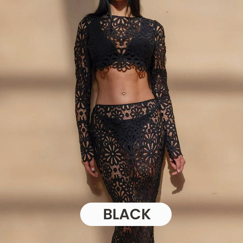 Balmy Summers Crochet Lace Floral Pattern Elastic Waist Fishtail Vacation Maxi Skirt