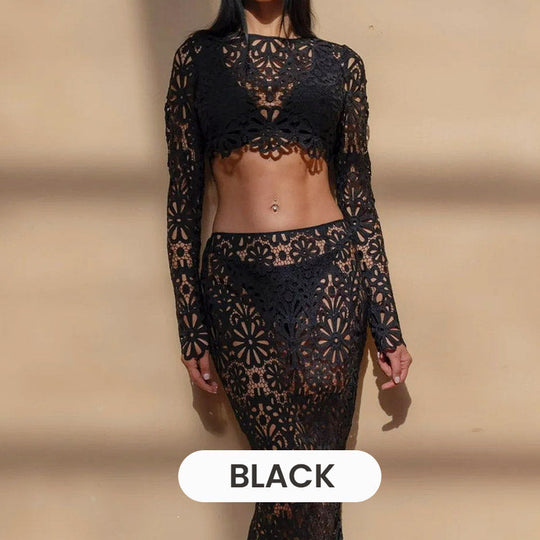 Balmy Summers Crochet Lace Floral Pattern Elastic Waist Fishtail Vacation Maxi Skirt