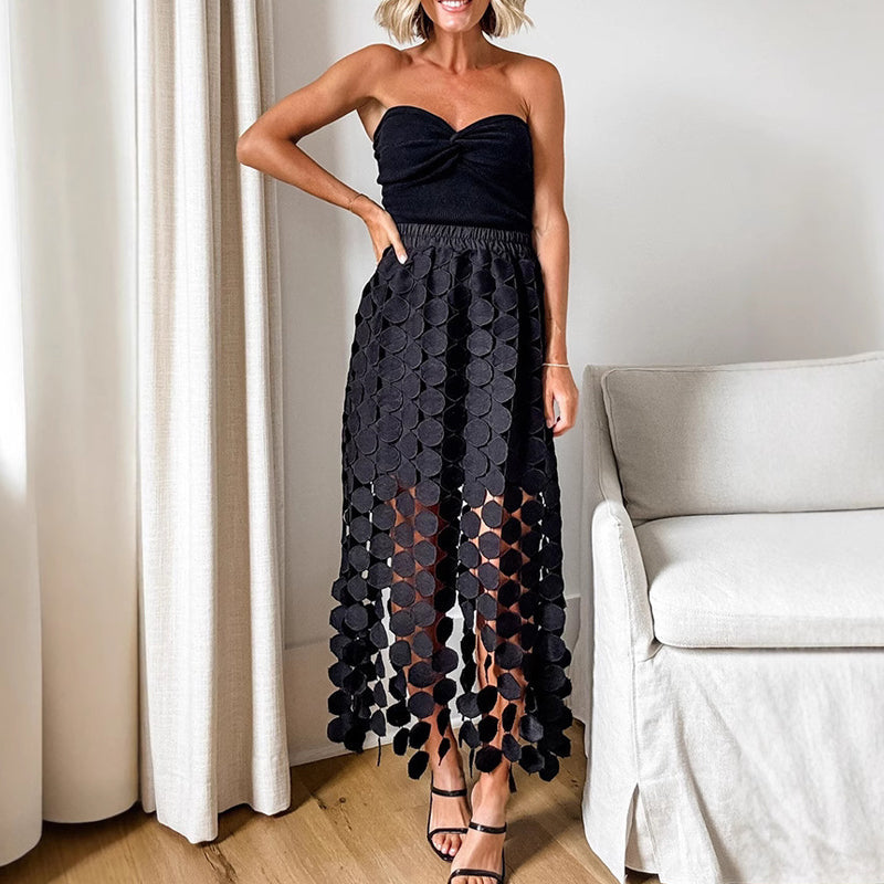 Casie See Through Circle Embroidery Elastic Waist Tassle Hem Maxi Skirt