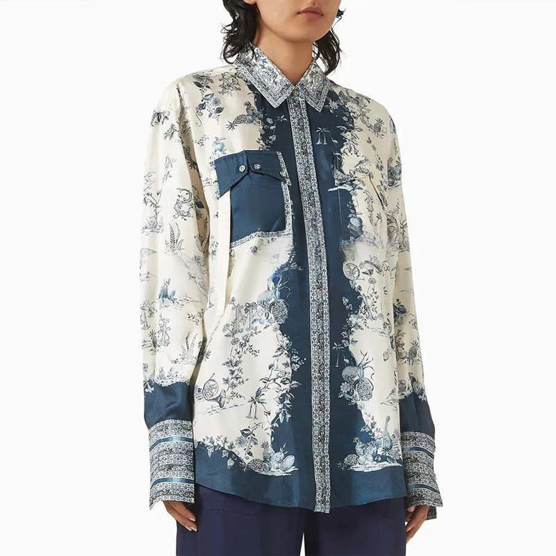 Bohemian Elegant Satin Contrast Color Unique Print Button Up Pocket Loose Blouse