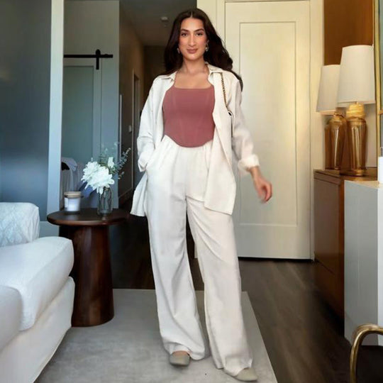 Solid Color Relaxed Shirt & Wide-Leg Pants Set