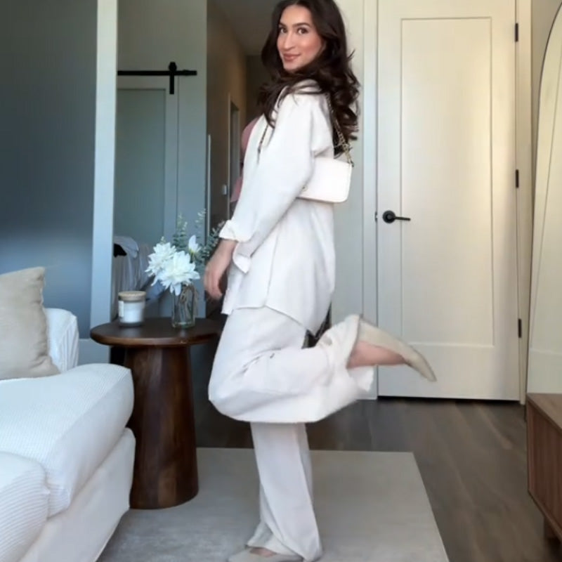 Solid Color Relaxed Shirt & Wide-Leg Pants Set