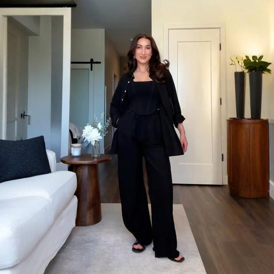 Solid Color Relaxed Shirt & Wide-Leg Pants Set