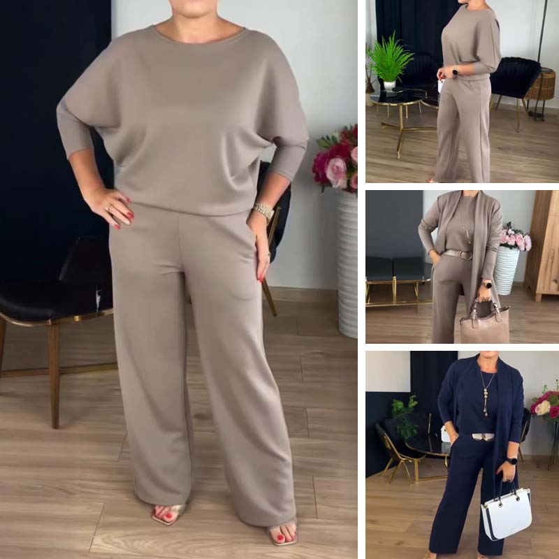 🎉Vânzare fierbinte 50% reducere🥳Set elegant de 3 piese pentru cardigan lung – Material moale, top elegant & Pantaloni pentru naveta la birou & Ieșiri zilnice