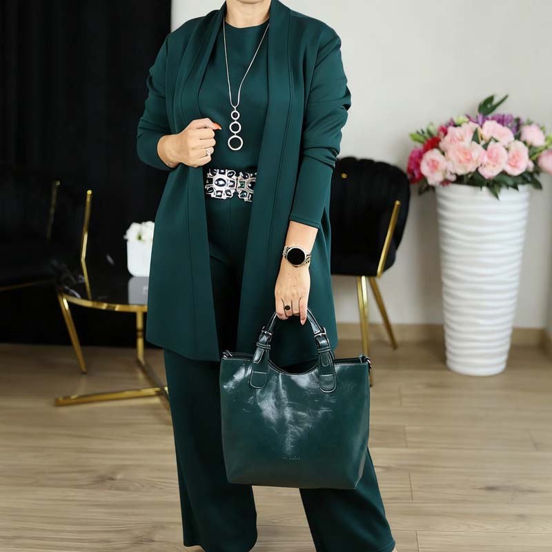 🎉Vânzare fierbinte 50% reducere🥳Set elegant de 3 piese pentru cardigan lung – Material moale, top elegant & Pantaloni pentru naveta la birou & Ieșiri zilnice