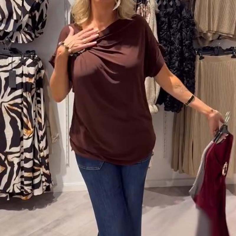 Stílusos női, aszimmetrikus nyakkivágású rövid ujjú felső