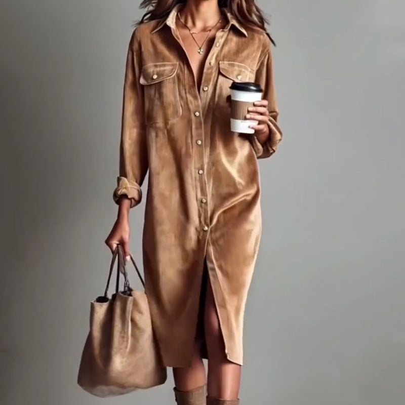 🍂 Easy Corduroy Style | Women's Button-Front Knee-Length Shirt Dress with Utility Pockets