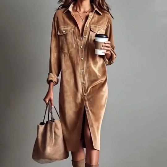 🍂 Easy Corduroy Style | Women's Button-Front Knee-Length Shirt Dress with Utility Pockets