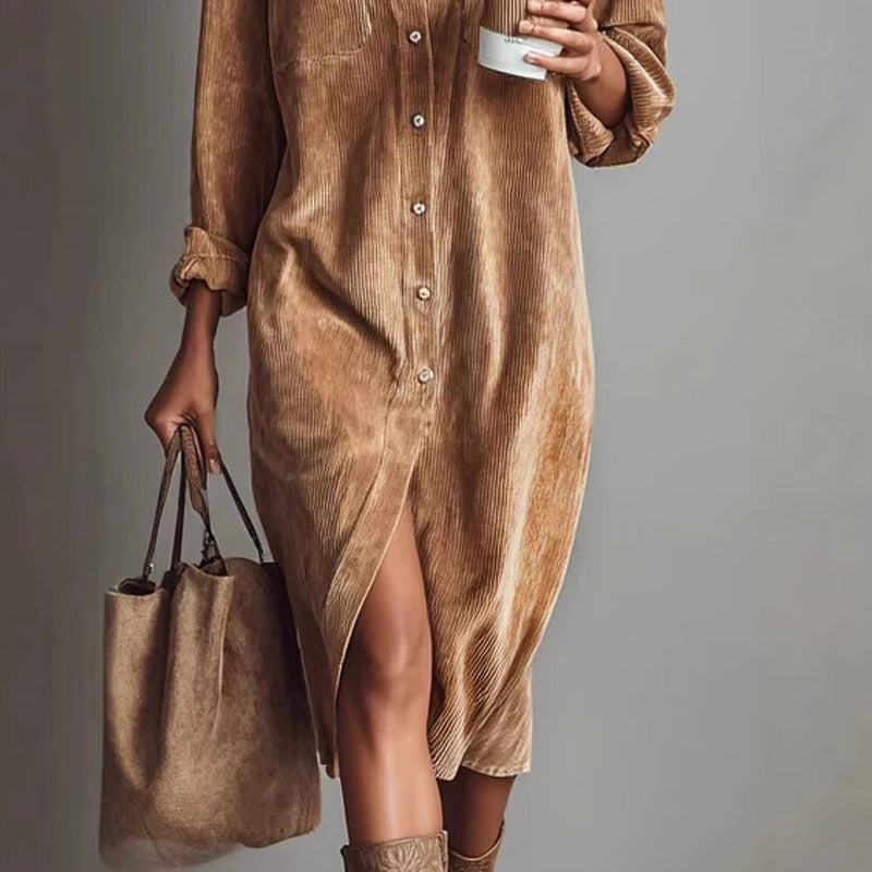 🍂 Easy Corduroy Style | Women's Button-Front Knee-Length Shirt Dress with Utility Pockets
