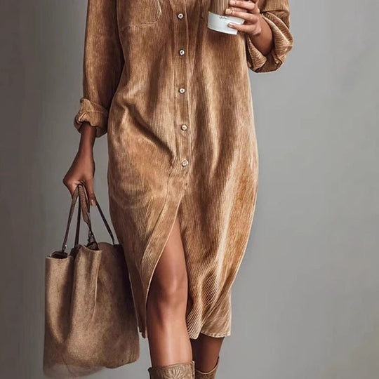 🍂 Easy Corduroy Style | Women's Button-Front Knee-Length Shirt Dress with Utility Pockets