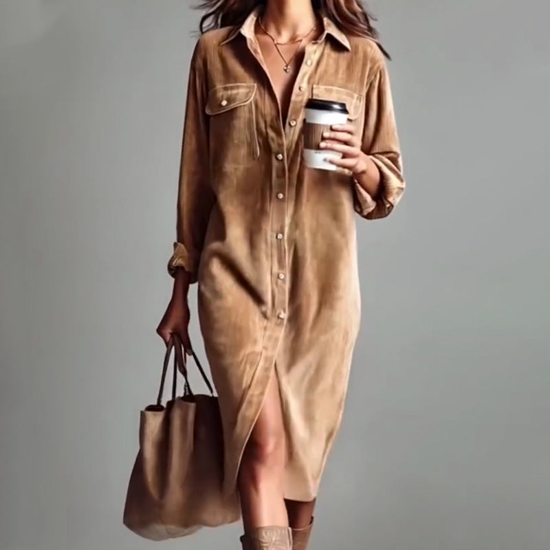 🍂 Easy Corduroy Style | Women's Button-Front Knee-Length Shirt Dress with Utility Pockets
