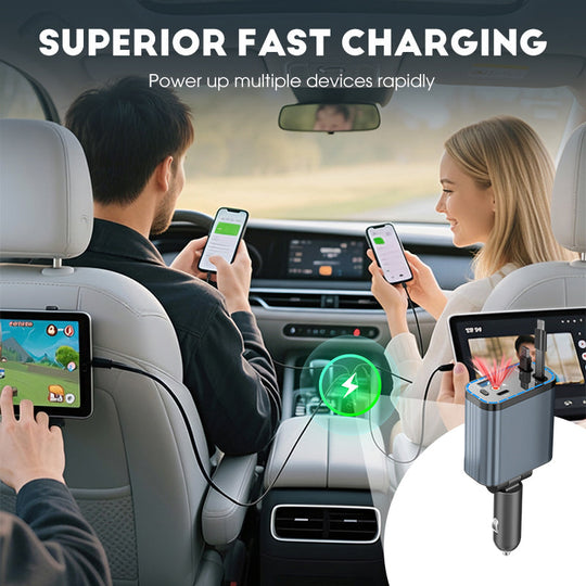 ⚡ BUY 2 GET 1 FREE! ✨ Ultra-fast 4-in-1 Car Charger 90W – With Retractable Cables & Ambient Starlight 🚗🌌