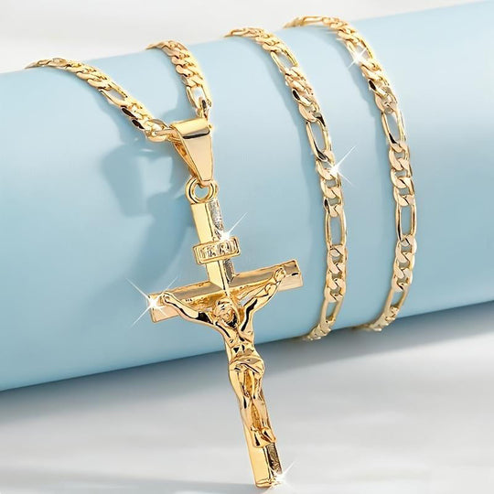 🔥Gold-Tone Crucifix Pendant Necklace – Detailed INRI Design, Adjustable Figaro Chain & Everyday Faith Jewelry ✝️✨