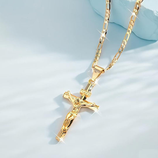 🔥Gold-Tone Crucifix Pendant Necklace – Detailed INRI Design, Adjustable Figaro Chain & Everyday Faith Jewelry ✝️✨