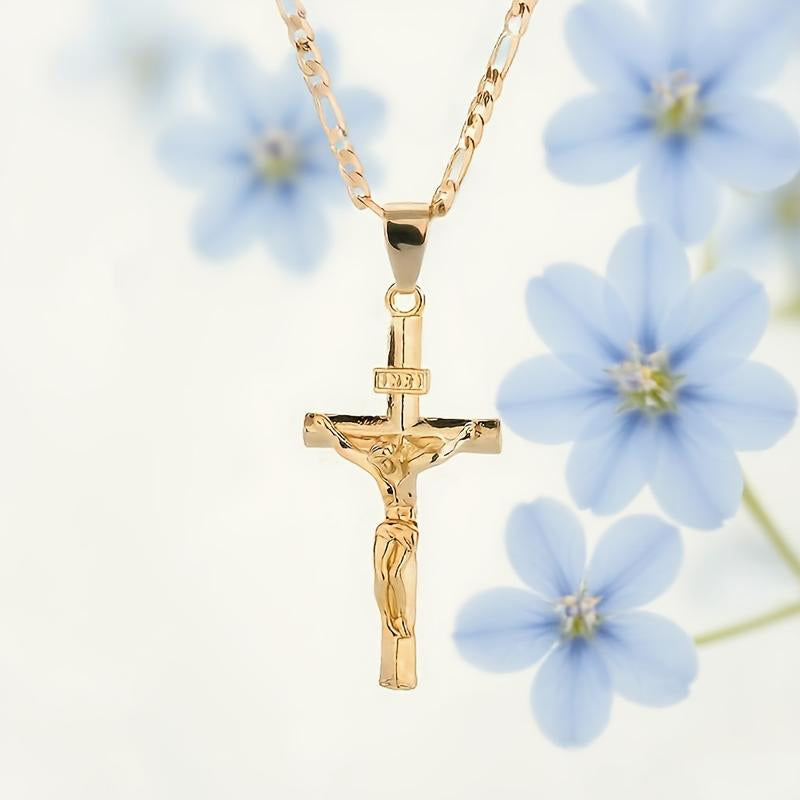 🔥Gold-Tone Crucifix Pendant Necklace – Detailed INRI Design, Adjustable Figaro Chain & Everyday Faith Jewelry ✝️✨