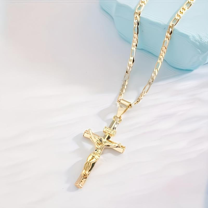 🔥Gold-Tone Crucifix Pendant Necklace – Detailed INRI Design, Adjustable Figaro Chain & Everyday Faith Jewelry ✝️✨