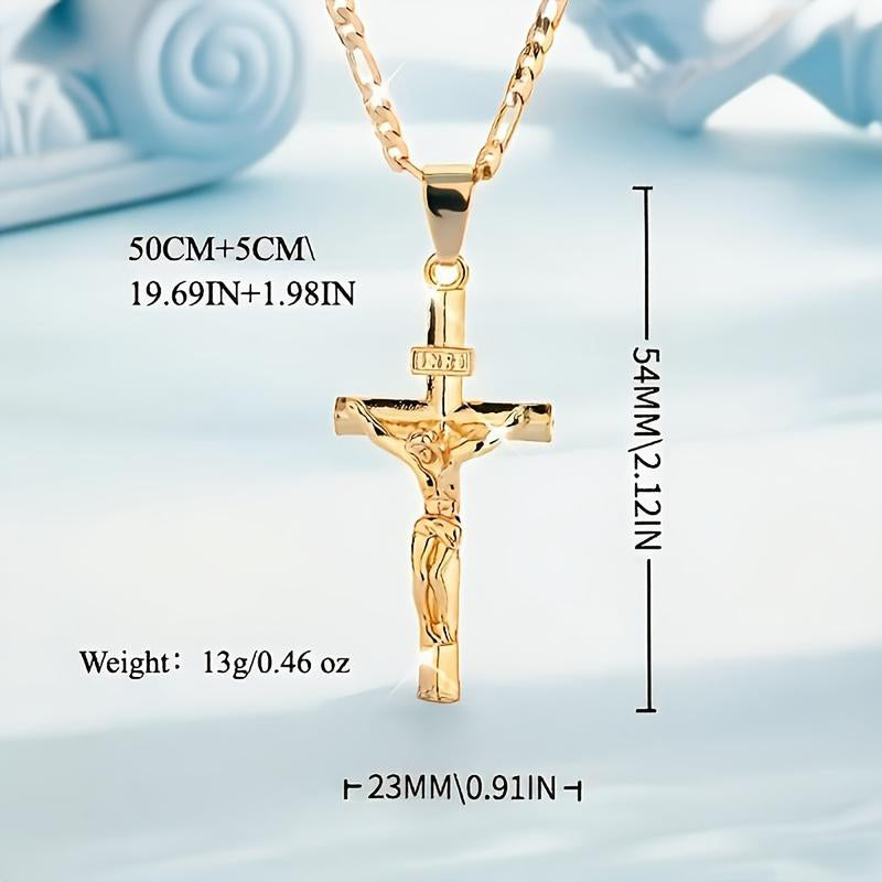 🔥Gold-Tone Crucifix Pendant Necklace – Detailed INRI Design, Adjustable Figaro Chain & Everyday Faith Jewelry ✝️✨