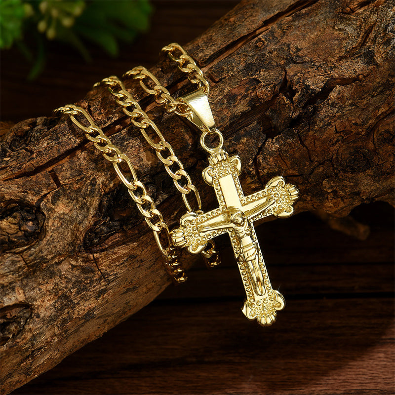 🔥Gold-Tone Crucifix Pendant Necklace – Detailed INRI Design, Adjustable Figaro Chain & Everyday Faith Jewelry ✝️✨