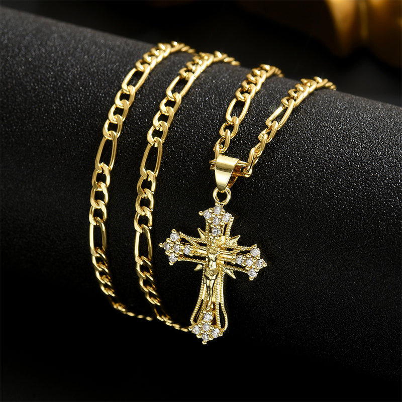 🔥Gold-Tone Crucifix Pendant Necklace – Detailed INRI Design, Adjustable Figaro Chain & Everyday Faith Jewelry ✝️✨