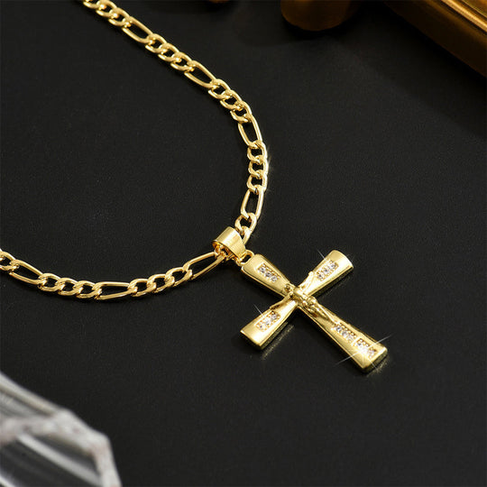 🔥Gold-Tone Crucifix Pendant Necklace – Detailed INRI Design, Adjustable Figaro Chain & Everyday Faith Jewelry ✝️✨