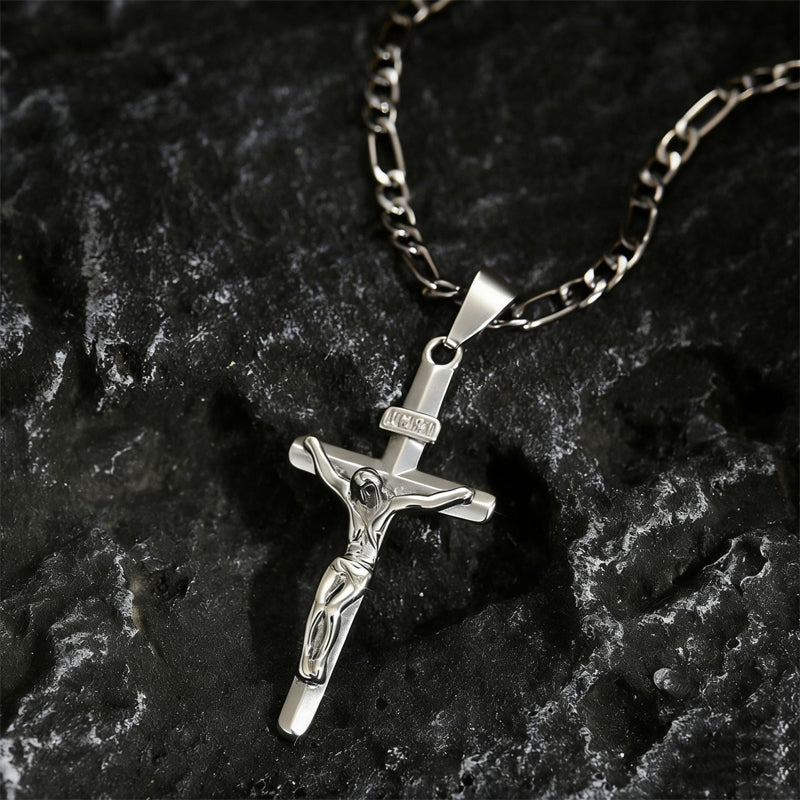 🔥Gold-Tone Crucifix Pendant Necklace – Detailed INRI Design, Adjustable Figaro Chain & Everyday Faith Jewelry ✝️✨
