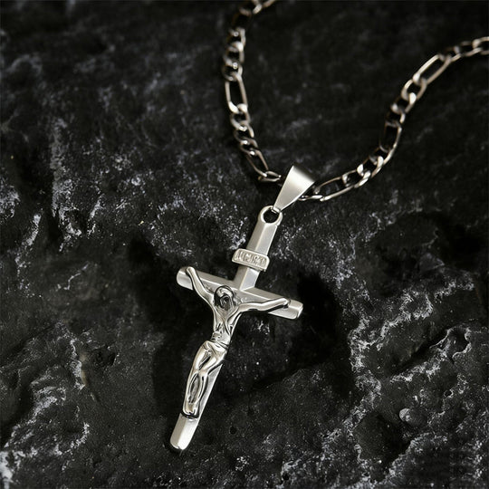 🔥Gold-Tone Crucifix Pendant Necklace – Detailed INRI Design, Adjustable Figaro Chain & Everyday Faith Jewelry ✝️✨