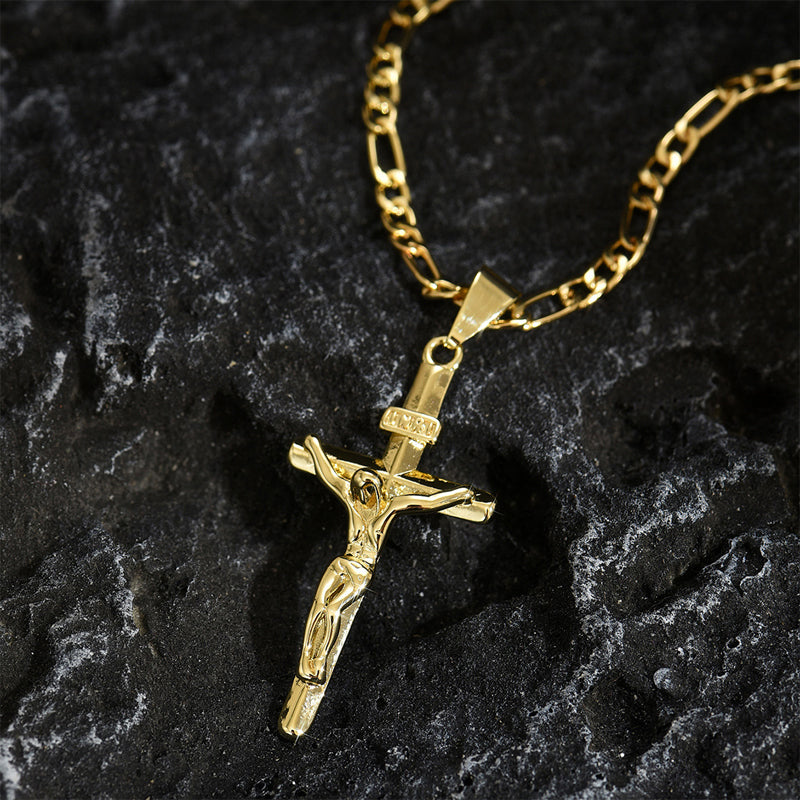 🔥Gold-Tone Crucifix Pendant Necklace – Detailed INRI Design, Adjustable Figaro Chain & Everyday Faith Jewelry ✝️✨