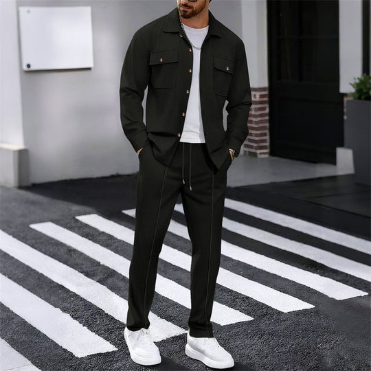 🔥 Men's Waffle Button-Up Jacket & Trousers Set – Breathable Waffle Knit, Relaxed Fit & Effortless Casual Style 👕👖