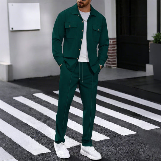 🔥 Men's Waffle Button-Up Jacket & Trousers Set – Breathable Waffle Knit, Relaxed Fit & Effortless Casual Style 👕👖