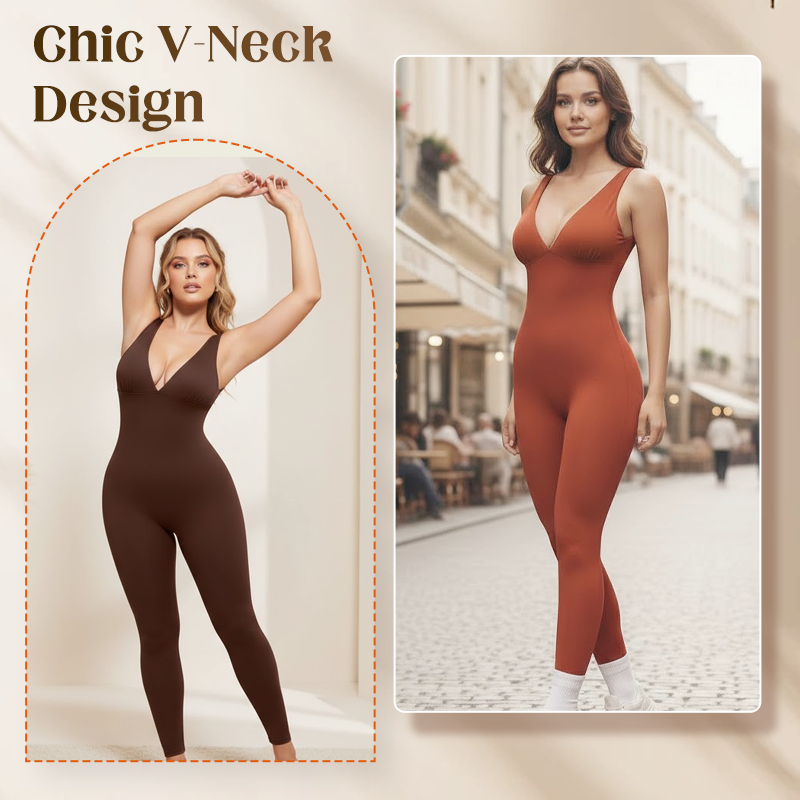 💞50K+ SOLD!🌸High-Stretch V-Neck Jumpsuit – All-day ease for fitness & beyond. Breathable, flexible & effortlessly chic. 🧘‍♀️💫Your go-to for movement.