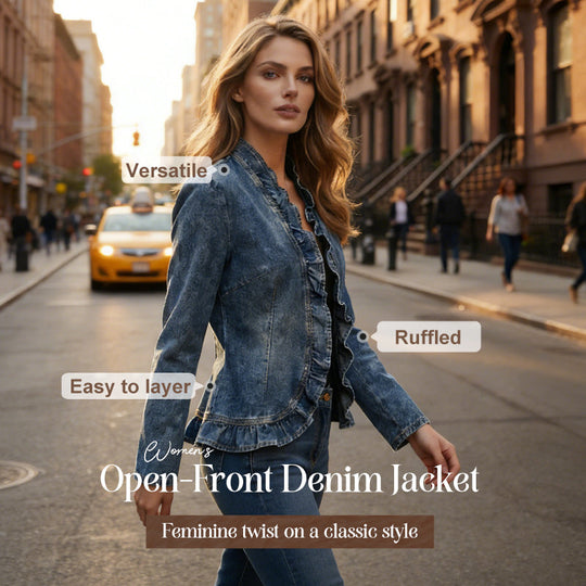 Women's Ruffle Trim Open-Front Denim Jacket – Lightweight, feminine & versatile – chic for any outfit