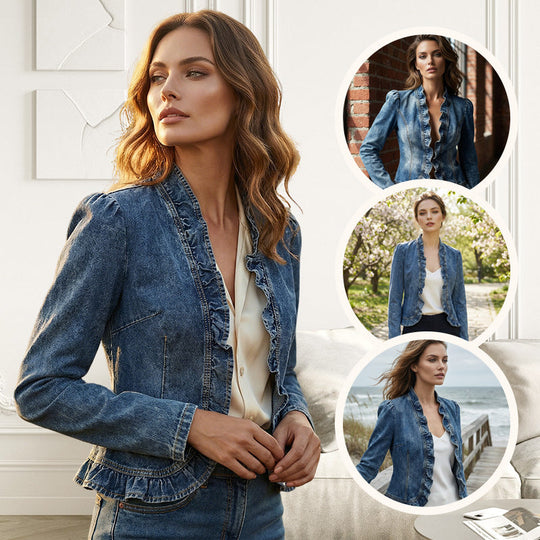 Women's Ruffle Trim Open-Front Denim Jacket – Lightweight, feminine & versatile – chic for any outfit