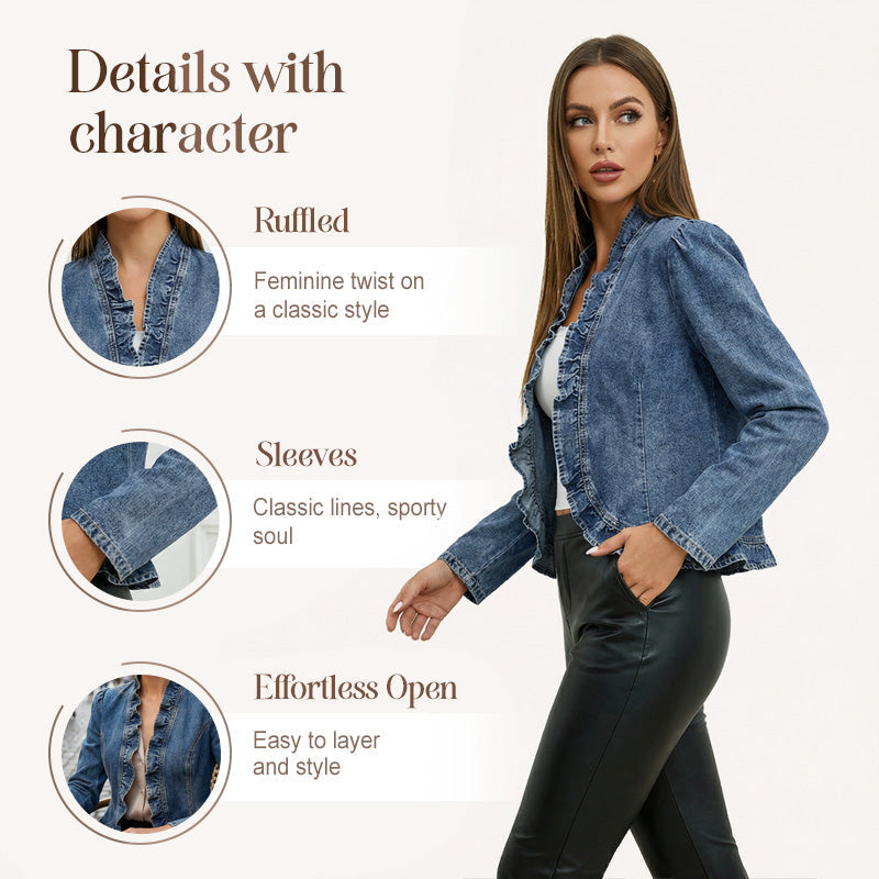 Women's Ruffle Trim Open-Front Denim Jacket – Lightweight, feminine & versatile – chic for any outfit