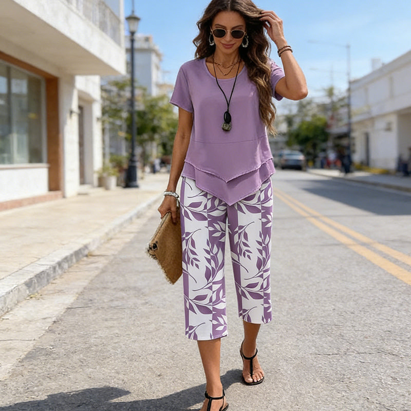 🎁2026 New Arrivals 50% OFF💥Women's 2-Piece Set – Layered Asymmetrical Tunic Top & Printed Wide Leg Pants, Breathable Polyester✨