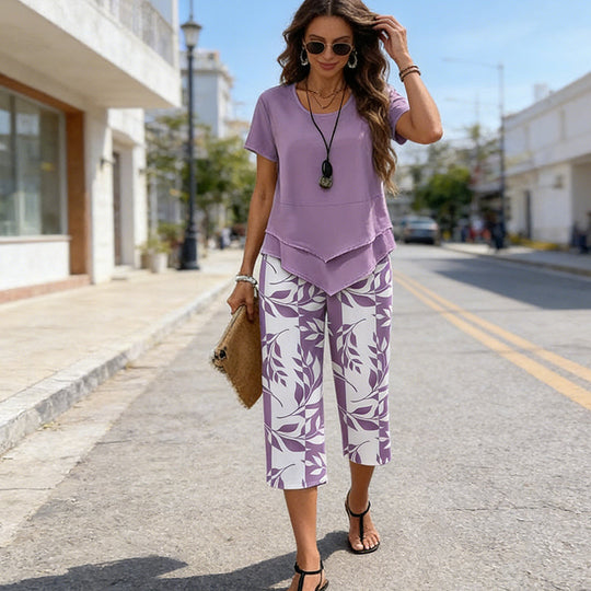🎁2026 New Arrivals 50% OFF💥Women's 2-Piece Set – Layered Asymmetrical Tunic Top & Printed Wide Leg Pants, Breathable Polyester✨