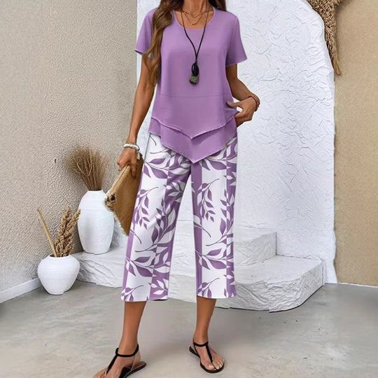 🎁2026 New Arrivals 50% OFF💥Women's 2-Piece Set – Layered Asymmetrical Tunic Top & Printed Wide Leg Pants, Breathable Polyester✨