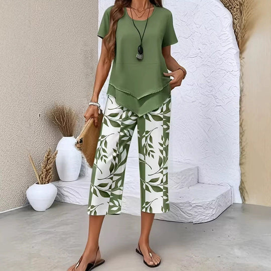 🎁2026 New Arrivals 50% OFF💥Women's 2-Piece Set – Layered Asymmetrical Tunic Top & Printed Wide Leg Pants, Breathable Polyester✨