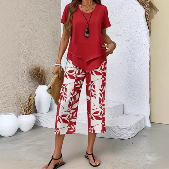 🎁2026 New Arrivals 50% OFF💥Women's 2-Piece Set – Layered Asymmetrical Tunic Top & Printed Wide Leg Pants, Breathable Polyester✨