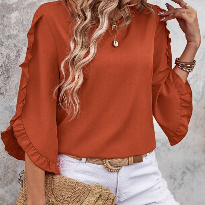 Women's Ruffle Trim Flowy Sleeve Blouse