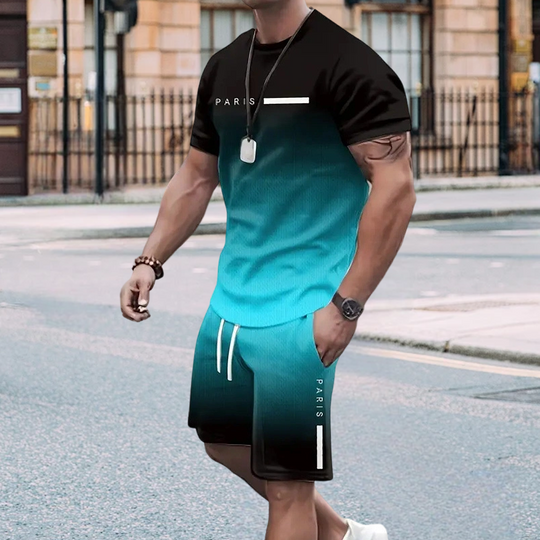 🌈 LIMITED-TIME 50% OFF! 👕 Men's Gradient Color 2-Piece Set – T-Shirt & Shorts, Breathable, Relaxed Fit 🩳