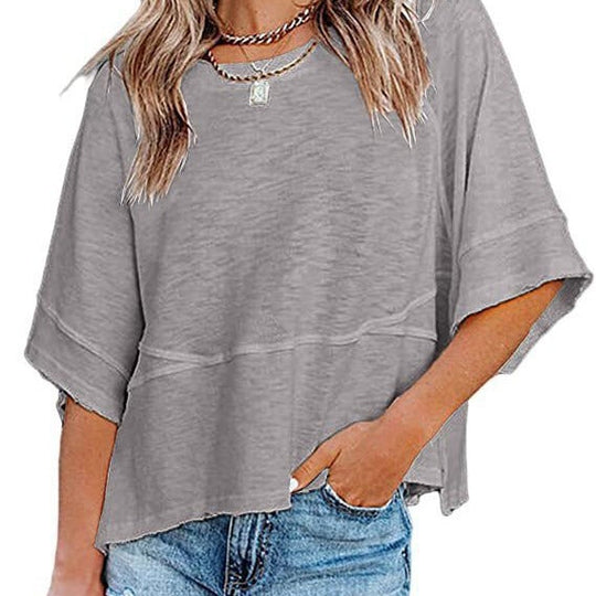 ✨2026 HOT SALE 50% OFF💃🌸Women's Solid Color Splicing Loose Five Points Flare Sleeve T-Shirt