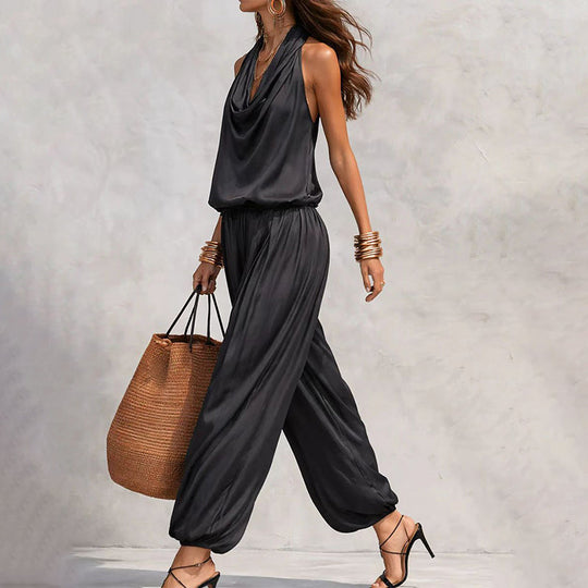 🎁New Arrivals 50% OFF💥 Sleeveless Cowl Neck Jumpsuit – Halter, Wide-Leg, Elegant 🍷